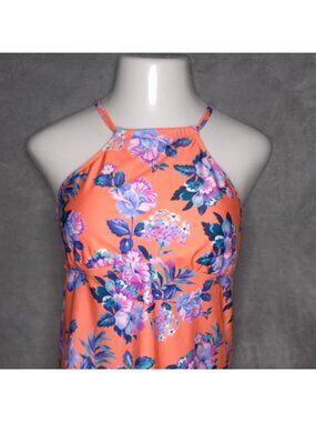A.N.A. Floral Halter Tankini Top XL Adjustable Straps Crisscross Back Swimwear